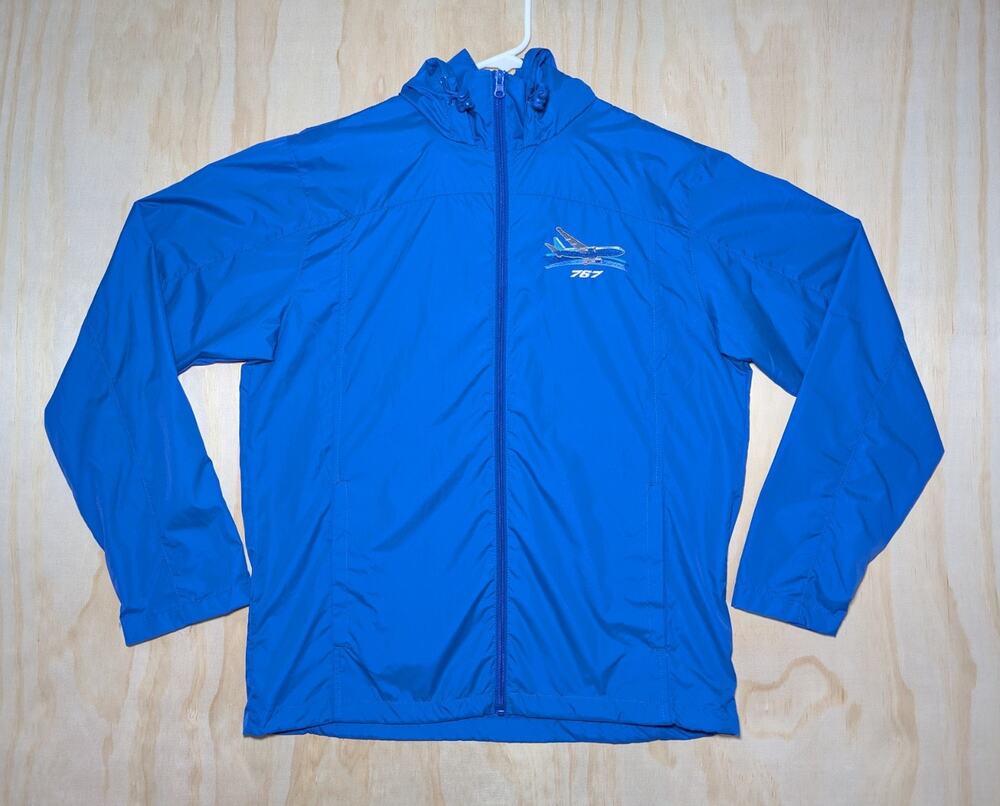 Boeing Men's Small 767 Windbreaker Jacket Royal Blue Full Zip Hooded Aviation